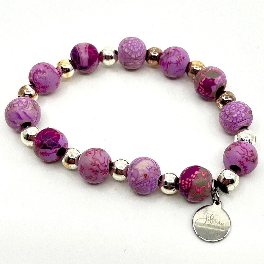VTG Jilzara‎ Y2K Purple Floral Polymer Clay Bead Stretch Bracelet Silver Accents